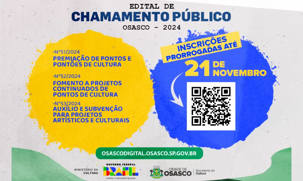 Osasco prorroga até 21/11 inscrições dos editais de chamamento público da Lei Aldir Blanc